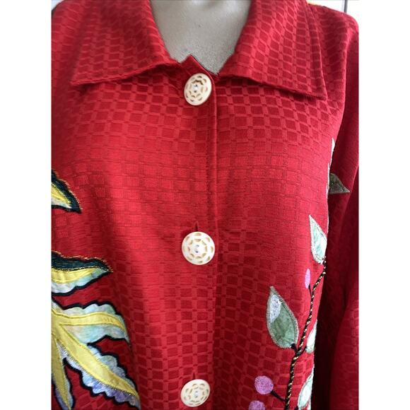 Vtg Maggie Barnes Jacket Red Floral Butterfly Wearable Art Plus Size 4X (J43) - Picture 2 of 12